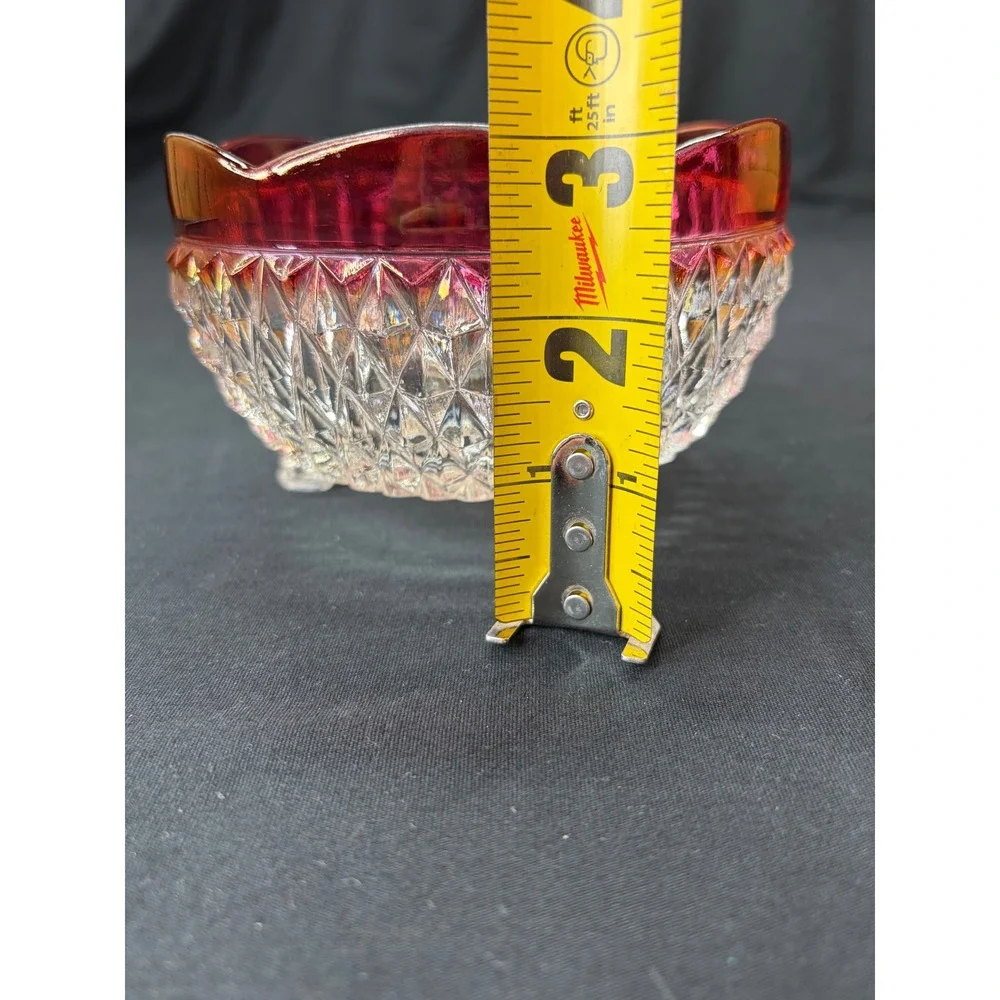 Vtg Ruby Red Flash Clear Diamond Point Pattern Footed Glass Bowl Scalloped Edge